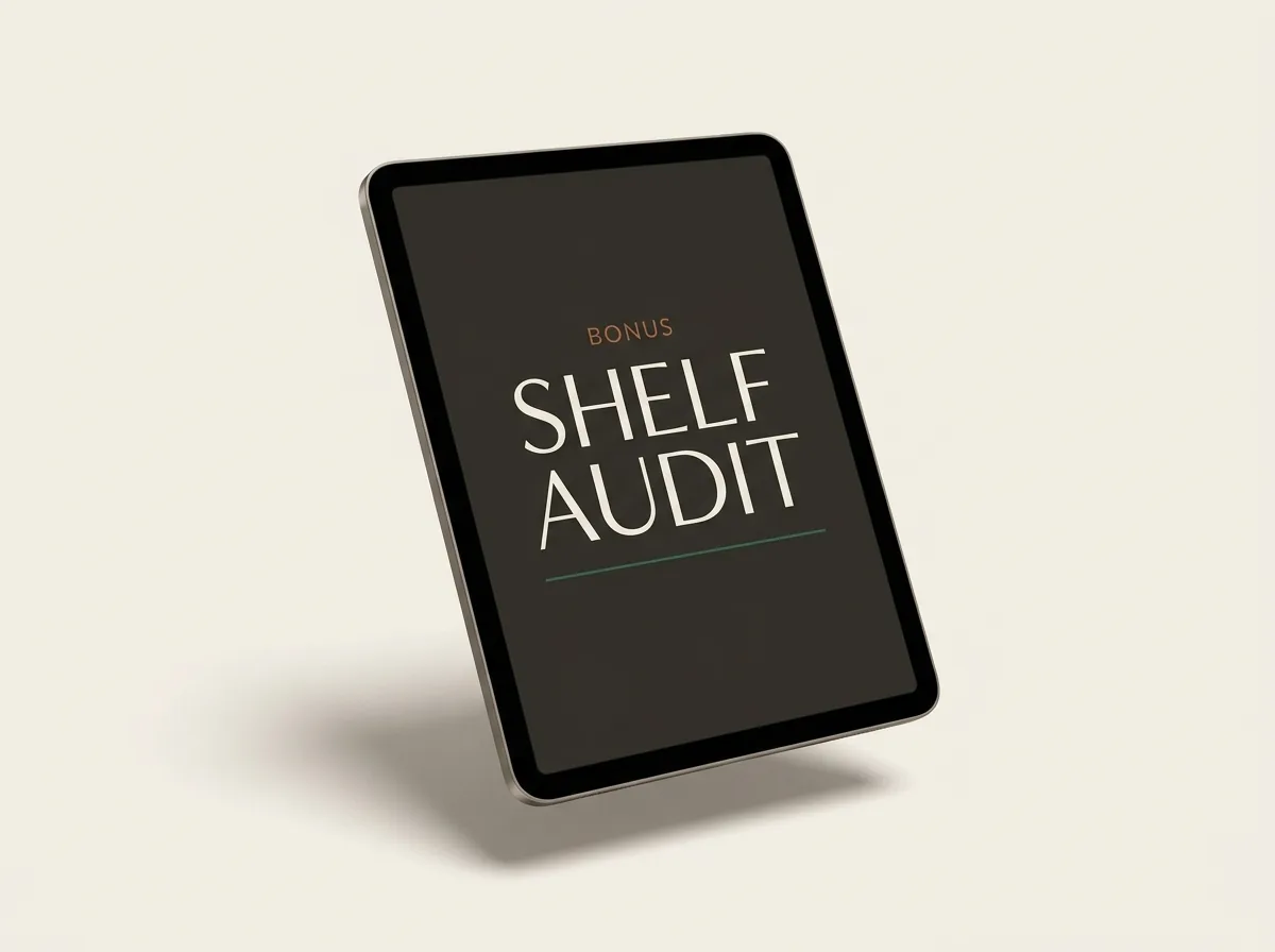 Tablet mockup reading Bonus, Shelf Audit