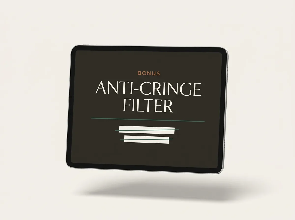 Tablet mockup reading Bonus, Anti-Cringe Filter