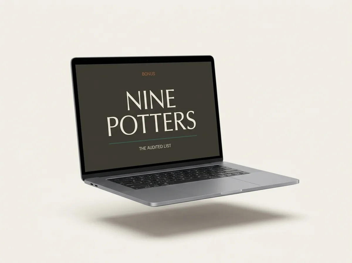 Laptop mockup reading Bonus, Nine Potters, the audited list