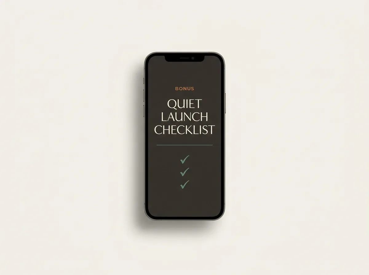 Phone mockup reading Bonus, Quiet Launch Checklist