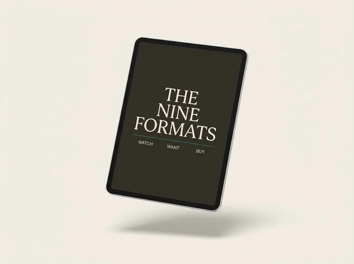 Tablet mockup reading The Nine Formats, with Watch, Want and Buy underneath