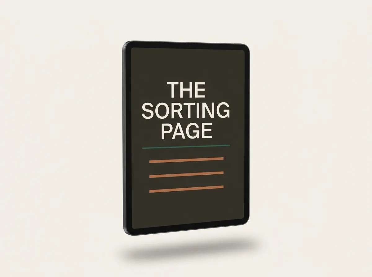 Tablet mockup reading The Sorting Page with three shelf lines